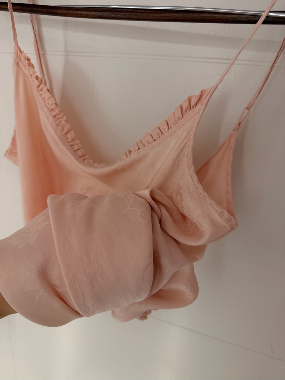 100% Silk Light Peach Pink Women’s Satin Cami with Ruffle Trim Night Gown Dress - Picture 5 of 8